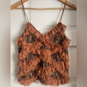 NWT LIMITED EDITION Zara Embroidered Fringe Sequin Beaded Ruffled Top Sz Medium